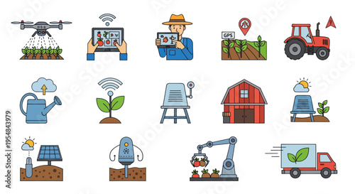 Illustrated Icons Depicting Modern Farming and Agriculture Technology.