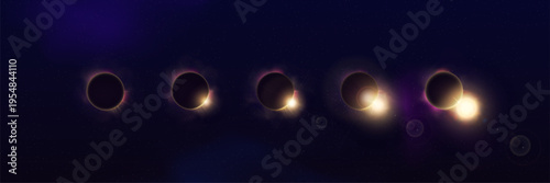 Set of different phases solar or moon eclipse vector set, glowing space planets eclipse with halo light in dark universe