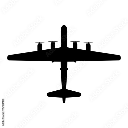 Boeing B-29 Superfortress WWII Long-Range Strategic Bomber Plan View Silhouette Black Isolated White