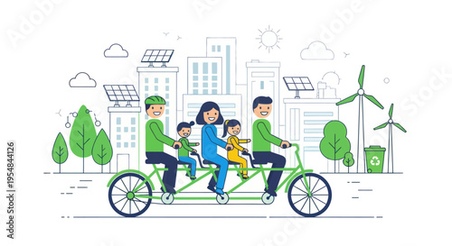 A cheerful family of four riding a long green tandem bicycle in a line art illustration.