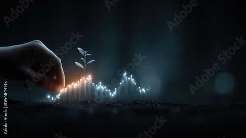 Empowering productivity through minimalist growth glowing seedling icon illustrating efficient work concepts dark environment dynamic viewpoint