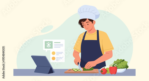Vector illustration of a young man in a chef hat and apron slicing vegetables on a cutting board while following a digital recipe on a tablet device in a kitchen environment.