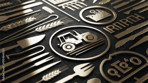 Collection of golden agricultural and farming icons and symbols