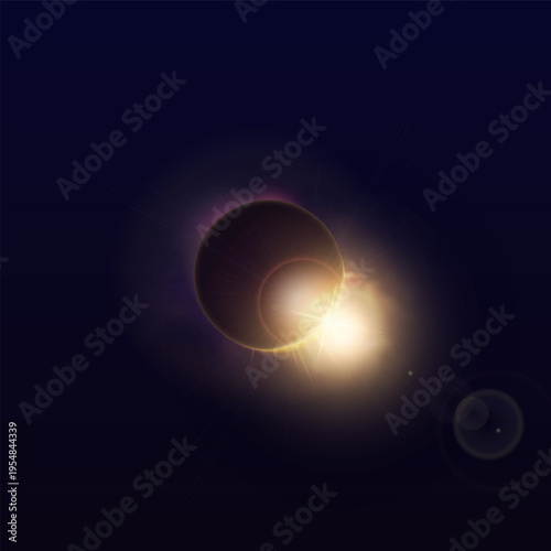 A solar eclipse with a bright halo, light effects, and flares on a black isolated background.