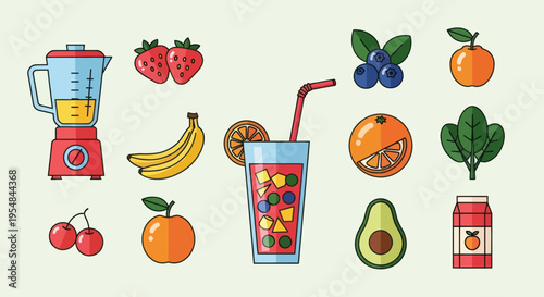 Vibrant collection of fresh fruits blender and a healthy smoothie in a glass.
