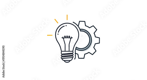 Creative idea and innovation concept icon with a glowing lightbulb and a single gear wheel.