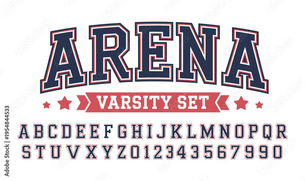 Fototapeta premium Arena Varsity Alphabet and Numbers Set for University Athletic Apparel and Sports Team Logo