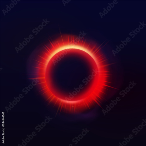 Red circles neon halo with smoke and rays, glowing ring with bright luminous on dark background, vector planet eclipse
