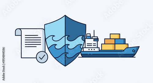 Marine cargo insurance concept with a container ship protective wave shield and policy document.