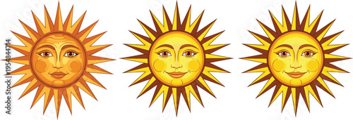 Sun face illustration, decorative celestial artwork, stylized solar design, anthropomorphic sun rays, artistic cosmic symbol, mystical astronomy concept, radiant decorative pattern