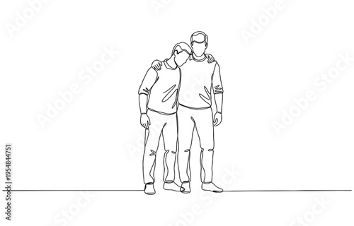 Single continuous one line drawing of a happy businessman helping his colleague rise .