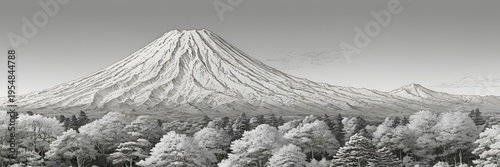 Snow-Capped Mount Fuji with Frosted Trees in Black and White Landscape