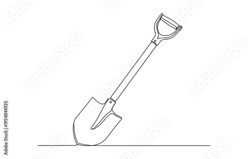 Continuous line drawing of a shovel stuck into the ground.