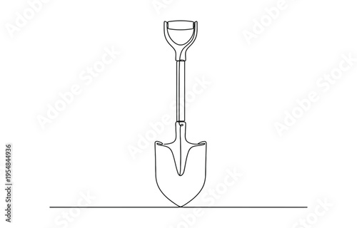 Continuous line drawing of a shovel stuck into the ground.