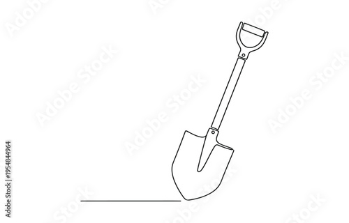 Continuous line drawing of a shovel stuck into the ground.