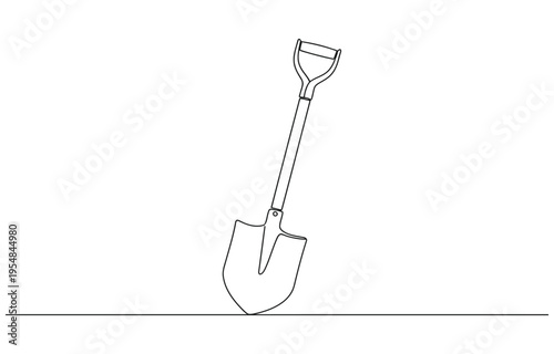 Continuous line drawing of a shovel stuck into the ground.