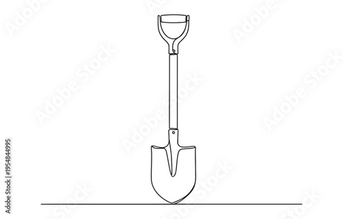 Continuous line drawing of a shovel stuck into the ground.