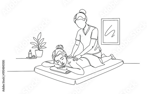 Single continuous line drawing woman patient lying on massage table therapist doing healing treatment massaging injured.