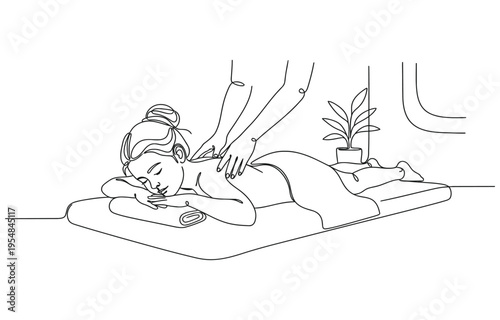 Single continuous line drawing woman patient lying on massage table therapist doing healing treatment massaging injured.