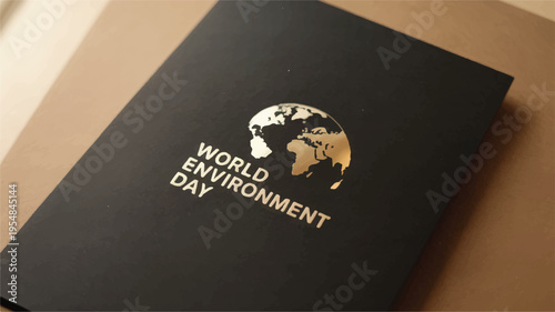 Black world environment day notebook with gold foil globe and text. eco-conscious concept