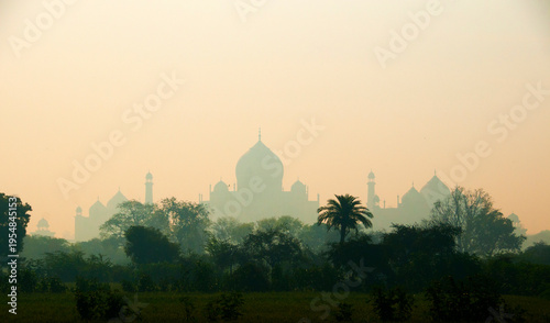 Taj Mahal as seen from across the Yamuna River, Agra, India.