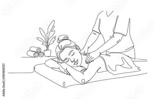 Single continuous line drawing woman patient lying on massage table therapist doing healing treatment massaging injured.