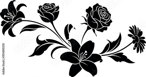 A beautiful FLOWER arrangement with roses lilies and other flowers in a decorative eps file