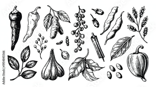 Hand-drawn sketch of various vegetables and peppers in black and white with bell pepper