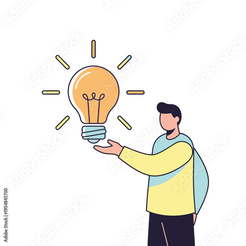 Man Holding Glowing Light Bulb, Symbolizing New Idea and Innovation