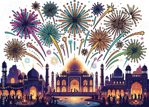 Vibrant fireworks exploding over the illuminated Taj Mahal at night with a large crowd gathered in front, set against a bright white sky with warm, festive tones.