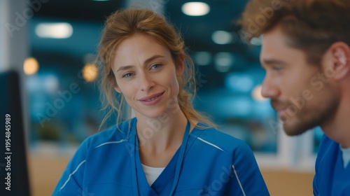 Company nurse conducting return-to-work fitness evaluation for injured employee, functional capacity test in progress, occupational medicine clinic with employer liaison observing through window,