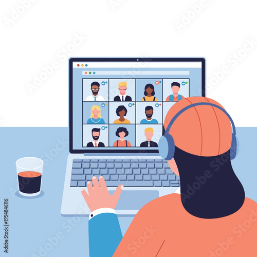 Video Conference Call: Diverse Team Collaborating Online via Laptop