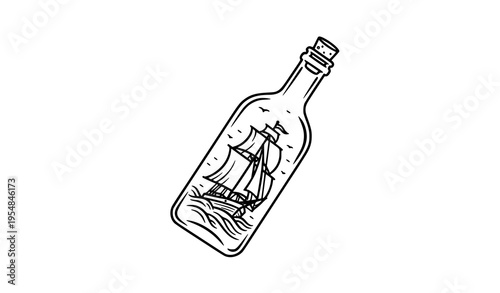 Minimal ship in bottle illustration with vintage sailboat nautical concept and clean modern line design
