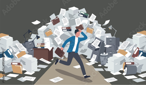  Overwhelmed forthe to or work overload, exhausted and anxiety, stressed and tired from problem and trouble, panic attack or shocked, burnout and depression concept, fearful businessman runaway from