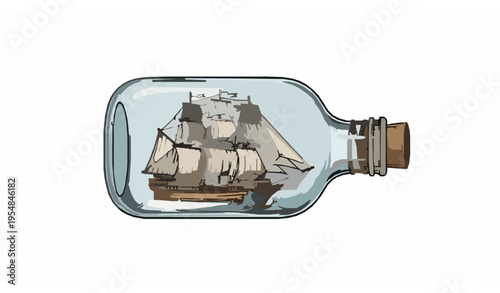 Vintage ship in bottle vector illustration with antique sailing vessel miniature nautical transport design