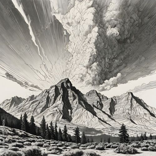 Black and White Mountain Landscape with Dramatic Cloud Formation and Forest Scene