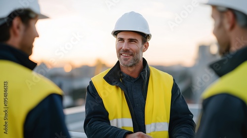 Construction foreman and workers participate in mental wellness check-in during break, hardhats resting on table in outdoor site office, golden hour backdrop, perfect for occupational psychology,