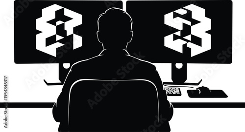 Silhouette of professional software developer working on dual monitors with abstract geometric coding interface in modern dark minimalist home office workstation