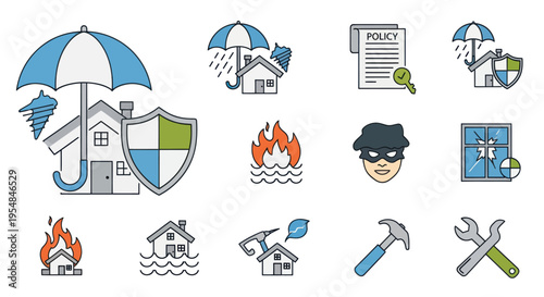 A set of colorful line icons representing home insurance property damage natural disasters and repair services.