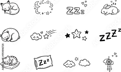 animals cute sleeping and night elements, bedtime doodle collection with moon stars and clouds, hand drawn cartoon vector set isolated on transparent background