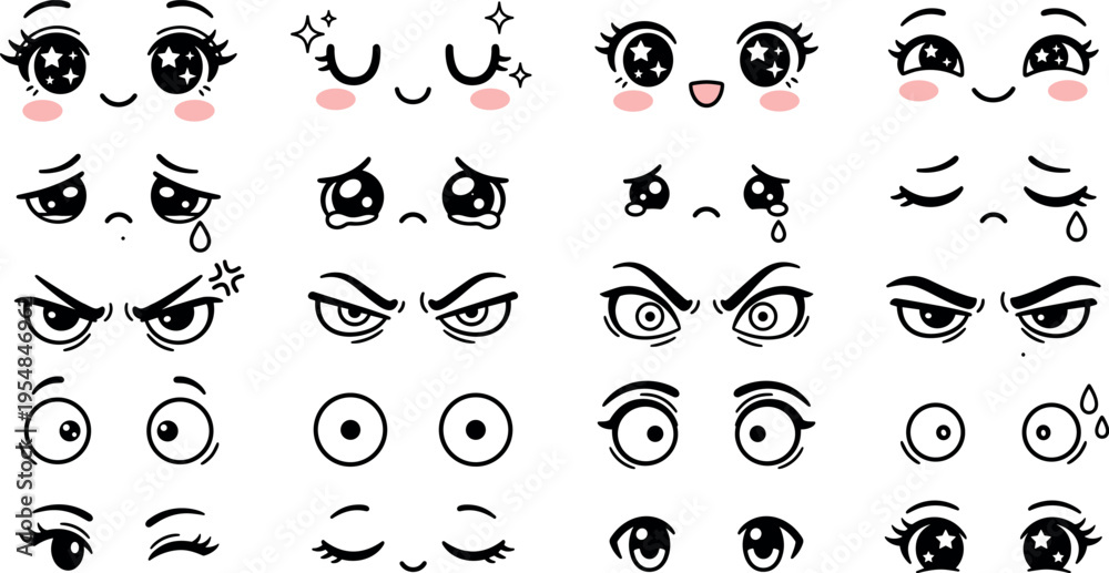 © Yehor - emoji cute faces set, kawaii cartoon expressions with eyes and emotions, character icon collection vector illustration isolated on transparent background © Yehor - emoji cute faces set, kawaii cartoon expressions with eyes and emotions, character icon collection vector illustration isolated on transparent background