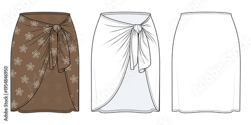 Brown Floral Wrap Mini Skirt Technical Fashion Illustration. Women’s Tie Waist Sarong Style Skirt with Asymmetrical Hem Vector Template. Front and Back Views CAD Mockup.