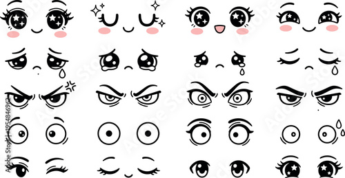 emoji cute faces set, kawaii cartoon expressions with eyes and emotions, character icon collection vector illustration isolated on transparent background