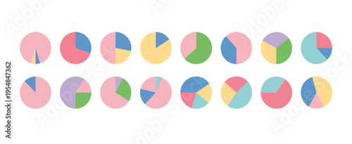 circle division infographic icon set, pie chart divided into colorful segments, donut or pizza style round diagram, infographic wheel fraction visualization,digital chart design for presentations