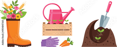 Gardening concept with watering can flowers boots gloves carrots and soil planting tools flat illustration