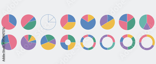circle division infographic icon set, pie chart divided into colorful segments, donut or pizza style round diagram, infographic wheel fraction visualization,digital chart design for presentations