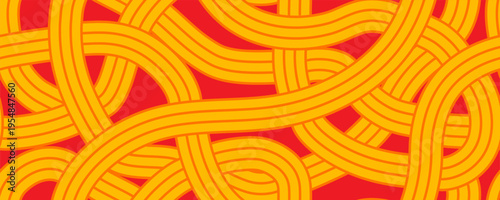 Seamless pattern with asian noodles. Yellow wavy spaghetti on orange background. Chinese food banner design. Funky pasta doodle wallpaper