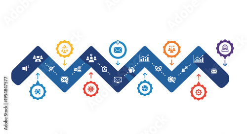 Business process infographic with icons, steps, and progress on a blue zigzag path