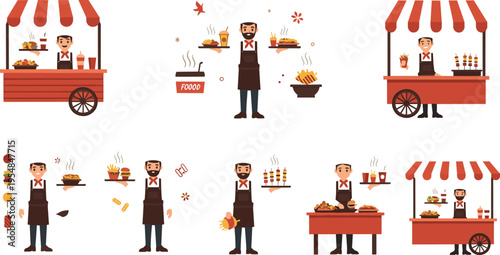 Street food vendor set with market stalls cooking serving snacks and fast food vector illustration