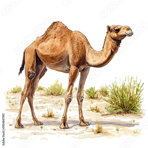 Dromedary Camel, watercolor illustration vector, isolated on a white background.